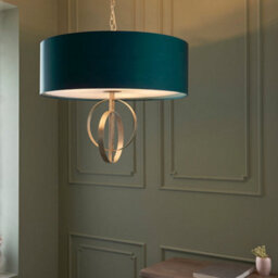 Antique Silver Ceiling Pendant Light & Teal Satin Shade - 5 Bulb Hanging Fitting - thumbnail 4