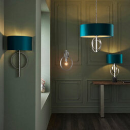 Antique Silver Ceiling Pendant Light & Teal Satin Shade - 5 Bulb Hanging Fitting - thumbnail 5