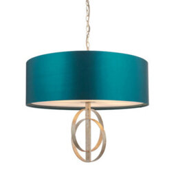 Antique Silver Ceiling Pendant Light & Teal Satin Shade - 5 Bulb Hanging Fitting - thumbnail 1