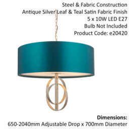 Antique Silver Ceiling Pendant Light & Teal Satin Shade - 5 Bulb Hanging Fitting - thumbnail 2