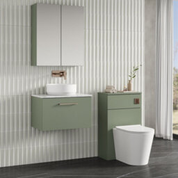 Nuie Arno Wall Hung 1-Drawer Vanity Unit With Laminate Worktop In Satin Green, Premium Counter Top Vanity Unit In Satin Green - thumbnail 2