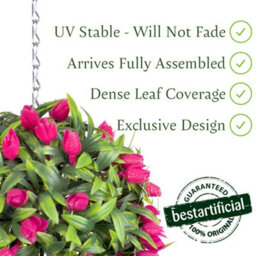 Best Artificial 24Cm Pink Lush Tulip Hanging Basket Flower Topiary Ball - Suitable For Outdoor Use - Weather & Fade Resistant - thumbnail 2