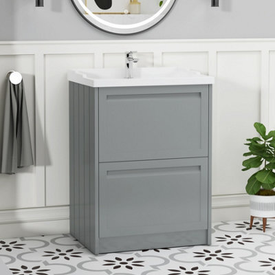 Royal Bathrooms Elmore 600mm Floor Standing 2 Drawer Bathroom Vanity Unit With Traditional Ceramic Basin Sink - Matt Pebble Grey - image 1