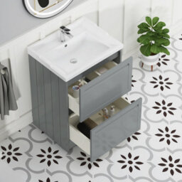 Royal Bathrooms Elmore 600mm Floor Standing 2 Drawer Bathroom Vanity Unit With Traditional Ceramic Basin Sink - Matt Pebble Grey - thumbnail 5