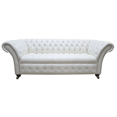Chesterfield 3 Seater Shelly White Leather Buttoned Seat Sofa Settee In Balmoral Style - image 1