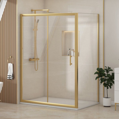 Royal Bathrooms Venice 1000 X 700mm Brushed Brass Sliding Door Shower Enclosure With White Stone Shower Tray & Side Panel 6mm Tempered Glass - image 1