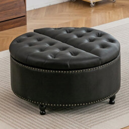 Living And Home Round Black Pu Leather Upholstered Storage Ottoman With Lift-Top And Flip Design