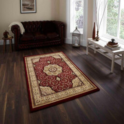 Red Traditional Easy To Clean Bordered Floral Rug For Dining Room-150Cm (Circle) - thumbnail 1