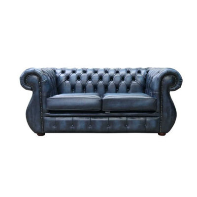 Chesterfield Original 2 Seater Sofa Antique Blue Real Leather In Kimberley Style - image 1