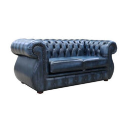 Chesterfield Original 2 Seater Sofa Antique Blue Real Leather In Kimberley Style - thumbnail 2