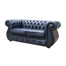 Chesterfield Original 2 Seater Sofa Antique Blue Real Leather In Kimberley Style - thumbnail 3