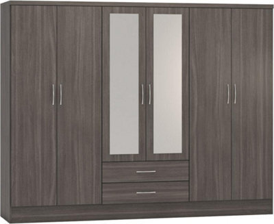 Seconique Nevada 6 Door 2 Drawer Mirrored Wardrobe In Black Grain Effect Finish - image 1