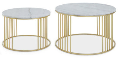 Orsina Set Of 2 White Marble & Gold Frame Side Tables, Round White Marble Tops On Geometric Gold Iron Base - image 1