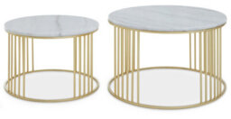 Orsina Set Of 2 White Marble & Gold Frame Side Tables, Round White Marble Tops On Geometric Gold Iron Base - thumbnail 1