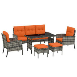 Wyld Haus Lodori 7-Seater Grey Rattan Outdoor Dining Set With Orange Cushions And Glass Table - thumbnail 2