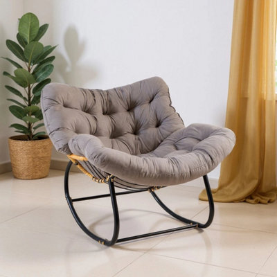 Gray Garden Rocking Chair Rattan Wicker Egg Chair Cushioned Seat With Metal Frame - image 1