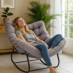 Gray Garden Rocking Chair Rattan Wicker Egg Chair Cushioned Seat With Metal Frame - thumbnail 6
