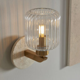 Luminosa Lighting Luminosa Travi Ribbed Wall Lamp Beige Textured Marble, Vintage Brass & Clear Ribbed Glass E14 - thumbnail 4