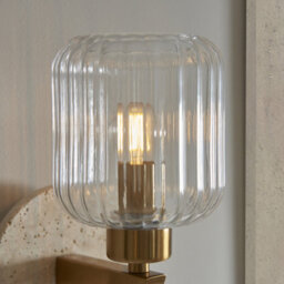 Luminosa Lighting Luminosa Travi Ribbed Wall Lamp Beige Textured Marble, Vintage Brass & Clear Ribbed Glass E14 - thumbnail 5