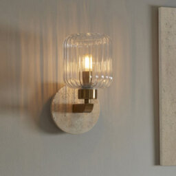 Luminosa Lighting Luminosa Travi Ribbed Wall Lamp Beige Textured Marble, Vintage Brass & Clear Ribbed Glass E14 - thumbnail 2