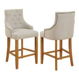 The Furniture Market Luxury Natural Fabric Scoop Back Kitchen Counter Bar Stool Oak Legs Quilted Button Back Stud Detailing Solid Wood Frame - thumbnail 4