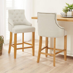 The Furniture Market Luxury Natural Fabric Scoop Back Kitchen Counter Bar Stool Oak Legs Quilted Button Back Stud Detailing Solid Wood Frame - thumbnail 3