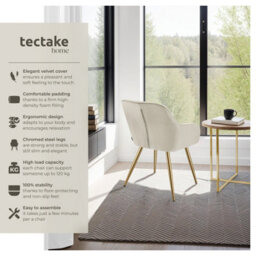 Tectake Set Of 2 Dining Chair Marilyn - Quilted Velvet, Continuous Backrest, Gold Steel Legs  - Cream/gold - thumbnail 2