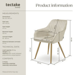 Tectake Set Of 2 Dining Chair Marilyn - Quilted Velvet, Continuous Backrest, Gold Steel Legs  - Cream/gold - thumbnail 6