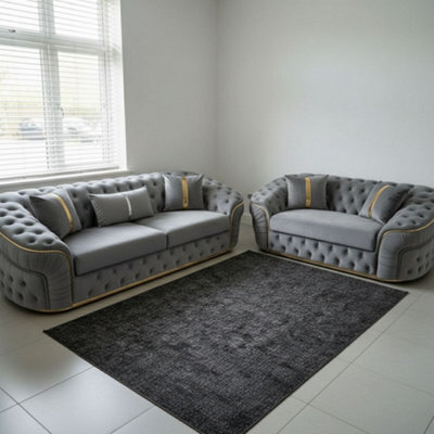 Stratus Interiors Ambassador 2+3 Sofa Set - Chesterfield Toronto With Silver Trim Sofa For Living Room - No Frill Design - Grey Plush - image 1