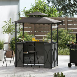 Gainoom Grill Gazebo With Awning 3-Piece Outdoor Bbq Canopy W/ Bar Table & 2 Foldable Bar Chairs Set - thumbnail 3