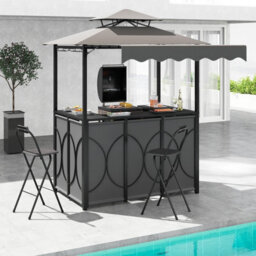 Gainoom Grill Gazebo With Awning 3-Piece Outdoor Bbq Canopy W/ Bar Table & 2 Foldable Bar Chairs Set - thumbnail 4