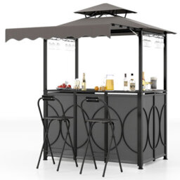 Gainoom Grill Gazebo With Awning 3-Piece Outdoor Bbq Canopy W/ Bar Table & 2 Foldable Bar Chairs Set