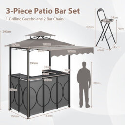 Gainoom Grill Gazebo With Awning 3-Piece Outdoor Bbq Canopy W/ Bar Table & 2 Foldable Bar Chairs Set - thumbnail 2