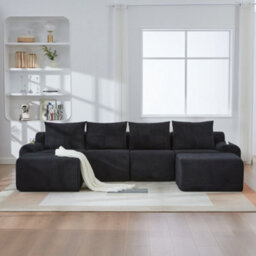 Btm 4 Seater Modular Corduroy Sofa With 2 Ottomans, Configurable Sofa, Cup Holders And Side Storage Pockets, Black - thumbnail 4
