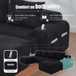 Btm 4 Seater Modular Corduroy Sofa With 2 Ottomans, Configurable Sofa, Cup Holders And Side Storage Pockets, Black - thumbnail 7