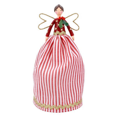 Gisela Graham Christmas Red & White Stripe Holly Fairy Tree Topper, 18 X 9 Cm, Gloss Finish