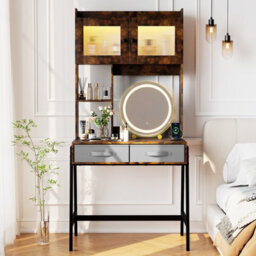 Costway Vanity Desk With Rotating Mirror Makeup Dressing Table With Cabinet-Brown - thumbnail 4