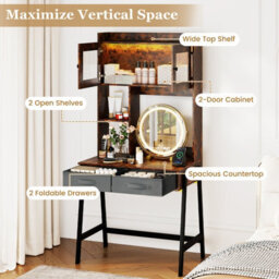 Costway Vanity Desk With Rotating Mirror Makeup Dressing Table With Cabinet-Brown - thumbnail 5