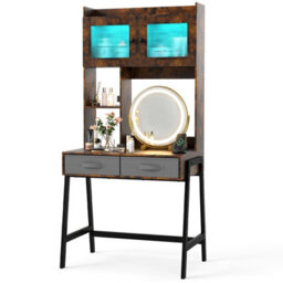 Costway Vanity Desk With Rotating Mirror Makeup Dressing Table With Cabinet-Brown - thumbnail 2
