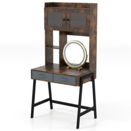 Costway Vanity Desk With Rotating Mirror Makeup Dressing Table With Cabinet-Brown