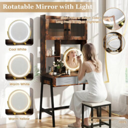 Costway Vanity Desk With Rotating Mirror Makeup Dressing Table With Cabinet-Brown - thumbnail 8