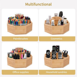 Bamboo Rotating Desk Organizer Spinning Art Supply Storage Holder - thumbnail 4