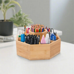 Bamboo Rotating Desk Organizer Spinning Art Supply Storage Holder - thumbnail 3