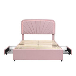 Abrihome 4Ft6 Kids Upholstered Double Bed 135X190Cm With 2 Storage Drawers, Velvet Headboard & Sturdy Slats, Pink - thumbnail 9