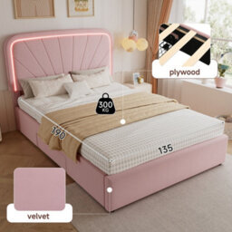 Abrihome 4Ft6 Kids Upholstered Double Bed 135X190Cm With 2 Storage Drawers, Velvet Headboard & Sturdy Slats, Pink - thumbnail 3
