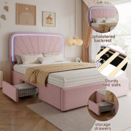 Abrihome 4Ft6 Kids Upholstered Double Bed 135X190Cm With 2 Storage Drawers, Velvet Headboard & Sturdy Slats, Pink - thumbnail 4