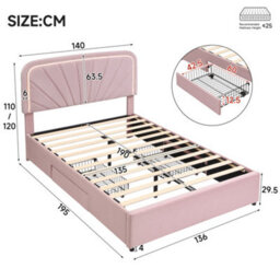 Abrihome 4Ft6 Kids Upholstered Double Bed 135X190Cm With 2 Storage Drawers, Velvet Headboard & Sturdy Slats, Pink - thumbnail 5