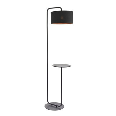 Satin Black Floor Lamp With Side Table - 1750mm Height - 38Cm Black Fabric Shade - image 1