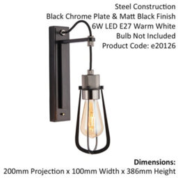 Matt Black Industrial Wall Light - Black Chrome Knurled Detailing Lamp Holder - thumbnail 2