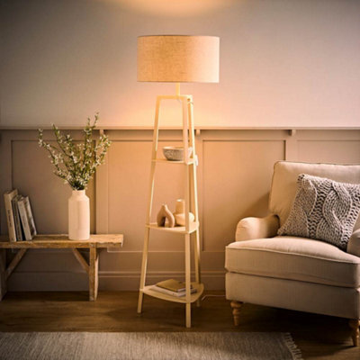 Valuelights Hiru Large Linen Shade Cream 3 Tier Wooden Shelf Floor Lamp And Bulb - image 1